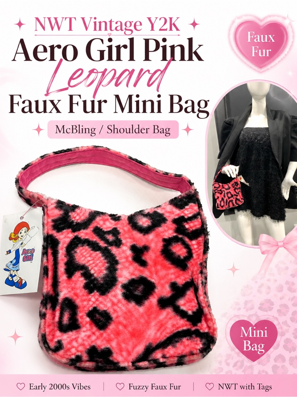 NWT Vintage Y2K Aero Girl Pink Leopard Faux Fur Mini Shoulder Bag McBling Purse